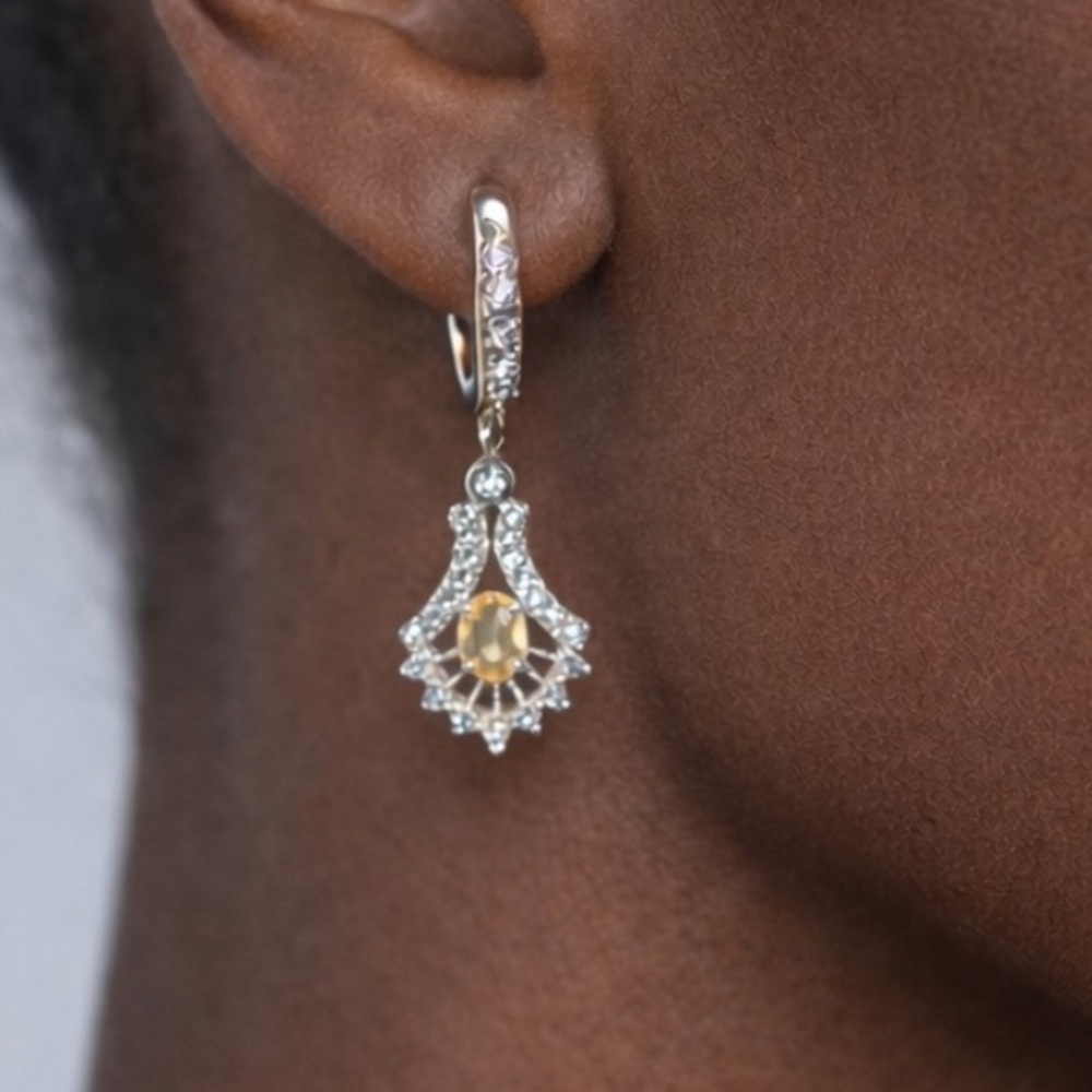 925 Sterling Silver Rhodium-Plated Citrine & CZ Drop Earrings | 1” Leverback
